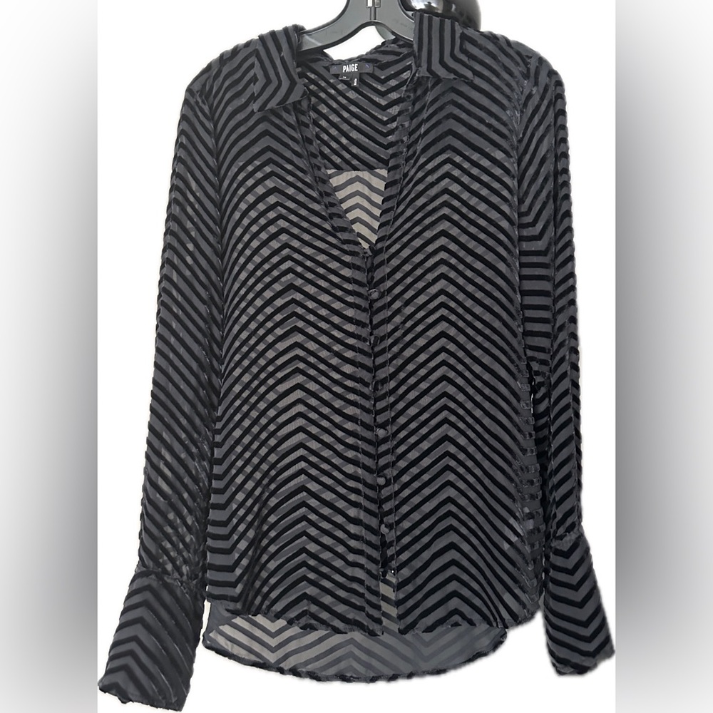 PAIGE Black Sheer Chevron Stripe Button-Up Blouse
